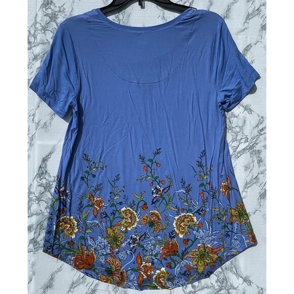 JW Collection Size L Blue Floral Print Rayon Knit Top Short Sleeve - Picture 2 of 9
